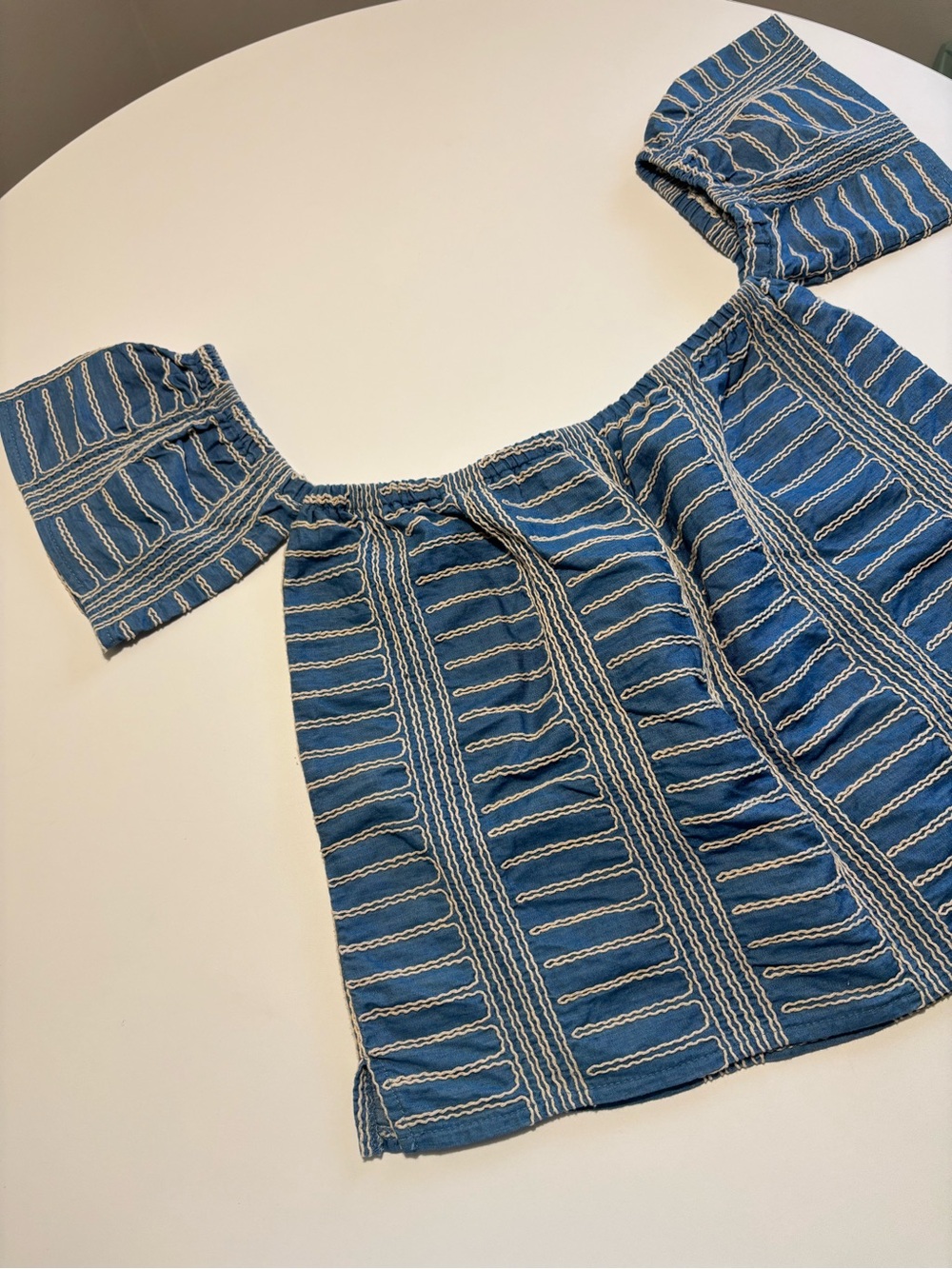 Blue Chambray & White Embroidered Off The Shoulder Top